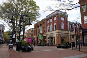 Photograph of brick buildings and shops on the Charlottesville downtown mall